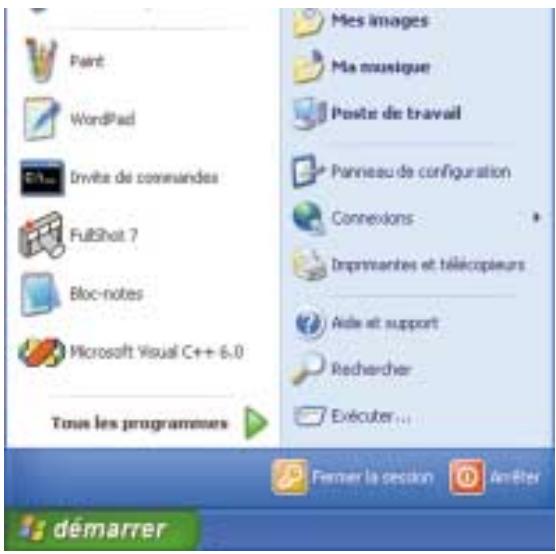 Paint WordPad Invite de commandes FulShot 7 Bloc-notes Microsoft Visual C++ 6.0 Tous les programmes Mes images Ma musique Poste de travail Panneau de configuration Connexions Impraintantes et télécopleurs Aide et support Rechercher Exécuter... Femrer la session AmRiter démarrer
