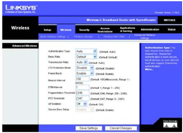LINKSYS WRT54GS - Die Registerkarte „Wireless“ - „Advanced Wireless Settings“ (Erweiterte Wireless-Einstellungen) - 1