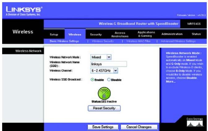 LINKSYS WRT54GS - Onglet Wireless - Basic Wireless Settings (Sans fil - Paramètres sans fil de base) - 1
