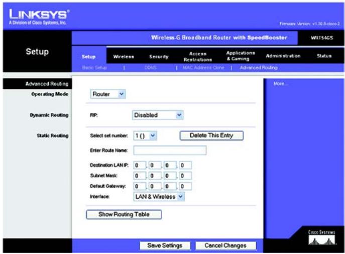 LINKSYS WRT54GS - Onglet Setup - Advanced Routing (Configuration - Routage avancé) - 2