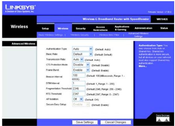 LINKSYS WRT54GS - Onglet Wireless - Advanced Wireless Settings (Sans fil - Paramètres sans fil avances) - 1