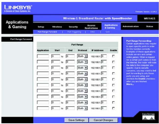 LINKSYS WRT54GS - Die Registerkarte „Applications &amp; Gaming“ (Anwendungen &amp; Spiele) - „Port Range Forward“ (Port-Bereich-Weiterleitung) - 1