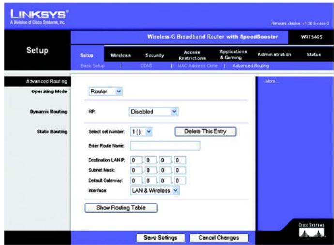 LINKSYS WRT54GS - The Setup Tab - Advanced Routing - 2
