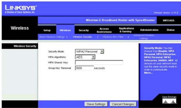 LINKSYS WRT54GS - Onglet Wireless - Wireless Security (Sans fil - Sécurité sans fil) - 4