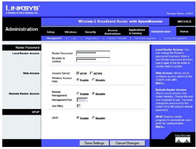 LINKSYS WRT54GS - Onglet Administration - Management (Administration - Gestion) - 1