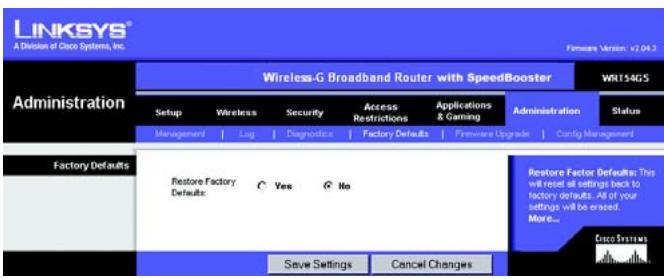 LINKSYS WRT54GS - Onglet Administration - Factory Defaults (Administration - Paramètres usine par défaut) - 1