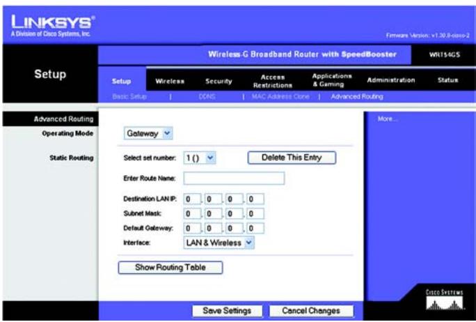 LINKSYS WRT54GS - Onglet Setup - Advanced Routing (Configuration - Routage avancé) - 1