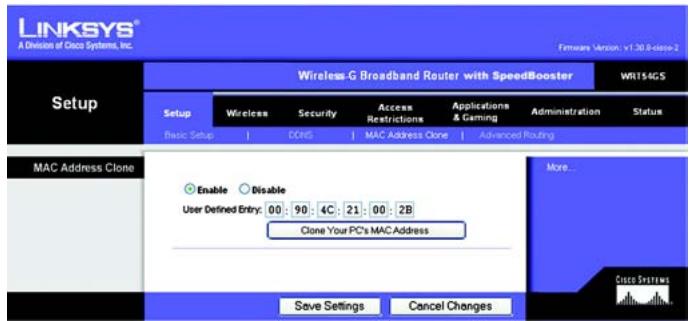 LINKSYS WRT54GS - Die Registerkarte „Setup“ (Einrichtung) - „MAC Address Clone“ (MAC-Adresse kopieren) - 1