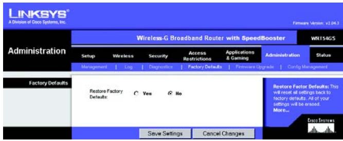 LINKSYS WRT54GS - The Administration Tab - Factory Defaults - 1