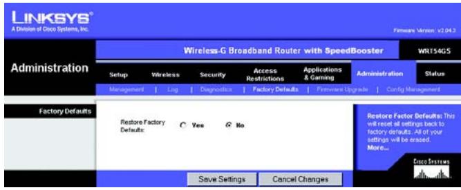 LINKSYS WRT54GS - Het tabblad Administration (Administratie) - Factory Defaults (Fabrieksinstellungen) - 1
