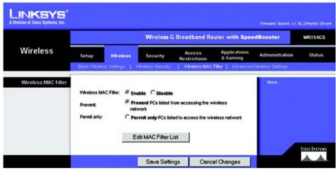 LINKSYS WRT54GS - Het tabblad Wireless (WLAN) - Wireless MAC Filter (MAC-filter WLAN) - 1