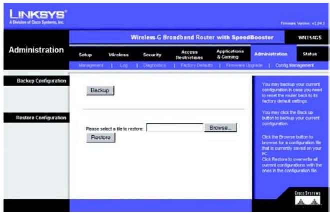 LINKSYS WRT54GS - Onglet Administration - Config Management (Administration - Gestion de la configuration) - 1