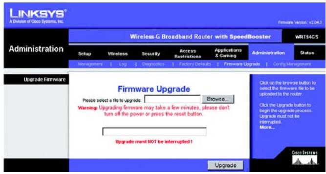 LINKSYS WRT54GS - Onglet Administration - Firmware Upgrade (Administration - Mise à niveau du micrologiciel) - 1