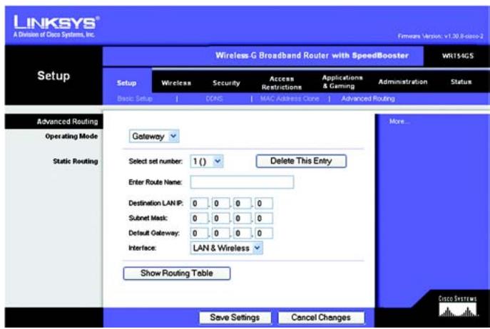 LINKSYS WRT54GS - Die Registerkarte „Setup“ (Einrichtung) - „Advanced Routing“ (Erweitertes Routing) - 1