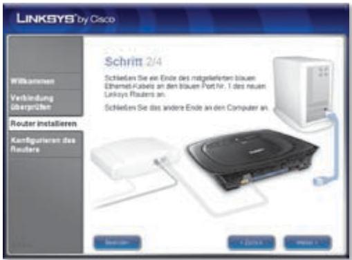 LINKSYS by Cisco Wilkommen Verbindung übergriffen Router installieren Kontigurieren des Routers Schritt 2/4 Schließen Sie ein Ende des mitgelieferten blauen Ethernet-Kabels an den blauen Port IV, 1 des neuen Linksys Rauters an. Schließen Sie das andere Ende an den Computer an. Beizern +/-