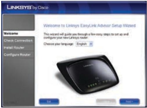 LINKSYS by Cisco Welcome to Linksys EasyLink Advisor Setup Wizard This wizard will guide you through a few easy steps to set up and configure your new Linksys master. Choose your language English Edit Print Save Help