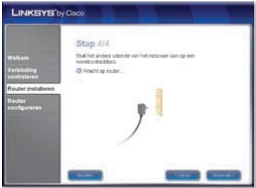 LINKSYS® by Cisco Stap 4/4 Slut het anders uitendo van het instaero aan op een wantscontactdoos. Wacht op router... Router installeren Router configureren Welcome... Change... Remove...