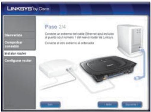 LINKSYS® by Cisco Blenverido Compruber concesión Instalar router Configurar router Paso 2/4 Conecte un extremo del cable Ethernet szul incluido al puerto szul número 1 del nuevo router de Linksys. Conecte el otro extremo al ordenador. Sum - Min Sparente >