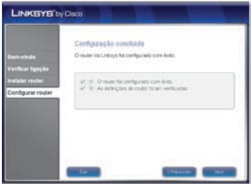 LINKSYS® by Cisco Dem-vindo Verificar lipoção Instalar router Configurar router Configuração concisada O router da Linksys foi configurado com êxito ✓ O router foi configurados com êxito ✓ As definições do router foram verificadas OK Finish Cancel Finish Next