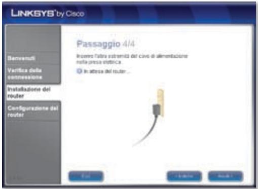 LINKSYS® by Cisco Passaggio 4/4 Inserire l'altra subramità del covo di alimentazione nella pressa istetrica. © In abtosa del router... Form + Back Next > Demenditi Verifica delle connessione Installazione dei router Configurazione dei router