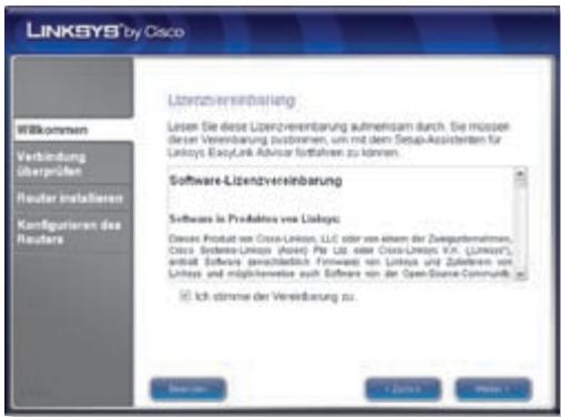 LINKSYS by Cisco Wilkommen Verbindung Überprüfen Router installieren Kontigurizen des Routers Lizenzvereinbarung Lesen Sie diese Lizenzverinbarung aufmensam durch. Sie müssen désier Vereinbarung zustammen, um mit dem Setup-Assistenten für Linkys EasyLink Advisor forfahren zu können. Software-Lizenzvereinbarung Software is Produkters von Linkys: Davon Produkt von Cross-Linkos, LLC oder von einem der Ziegaberkmaßnen, Cross Software Linkys (Aster) Per Ltd oder Cross-Linkos V.K. (Linkys), anfall Software anschließlich Finanser von Linkys und Zutekaren von Linkys und mittlerunter nach Software von der Open-Suite Commruck. Ich dritte der Vereinbarung zu. OKOK Cancel Help