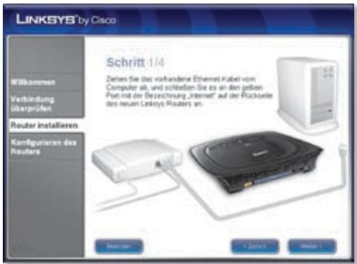LINKSYS® by Cisco Schritt 1/4 Zefen Sie das vorhandene Ethernet-Kabel vom Computer als und schließen Sie es an den geben Port mit der Bezeichnung „Internet“ auf der Rückseite des neuen Linksys Routers an. Router installieren Kontäquieren des Routers Best non +/- Print 3 +/- Print 3