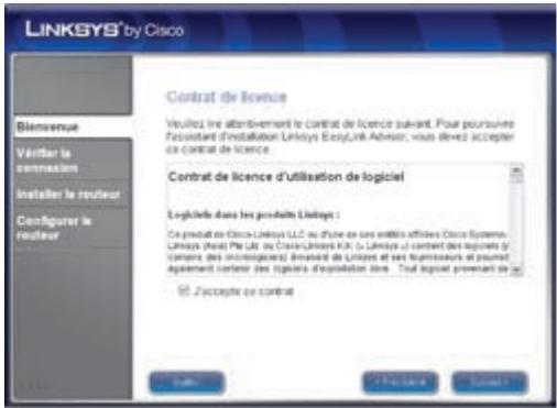 LINKSYS® by Cisco Contrat de licence Veruilez, lui attentivement le contrat de licence suivant. Pour poursuivre l'assistant d'installation Linksys EasyLink Advisor, vous devait accepter en contrat de licence. Contrat de licence d'utilisation de logiciel Logiciels dans les produits Linksys : Ce produit de Cisco Linksys LLC ou d'une ou ses entités offisées Cisco Systeme Linksys (not) Pte Ltd. ou CiscoLinksys K.K. G. Linksys U connect des logiciels y collers des micrologiques. Enfiné de Linksys et ses fournisseurs et pourrait également contenter les logiciels d'utilisation libre. Tout logiciel permetont en Z'accepte en contrat Biom Avenue Vérifier la construction Installer le routeur Configurer le routeur Sales Product Sales