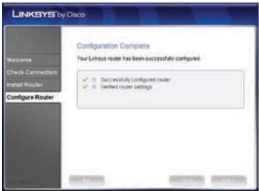 LINKSYS by Cisco Configuration Complete Your Linksys router has been successfully configured ✓ Successfully configured router ✓ Verked router settings