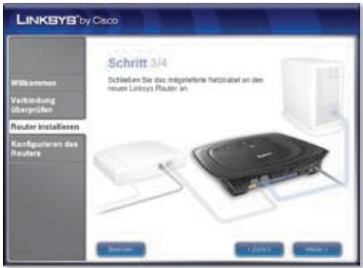 LINKSYS® by Cisco Schritt 3/4 Schließen Sie das Insgelieferte Netzklabel an den neues Linksys Router an Wilkommen Verbindung überprüfen Router installieren Kontfigurieren des Routers Bestroom C:\Users\... Menu 3