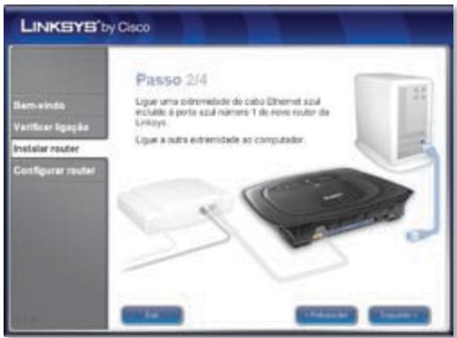 LINKSYS® by Cisco Passo 2/4 Ligue uma ordiremidade do cabo Ethernet azul incluião à porta azul número T de novo router da Linksys. Ligue a outra ordiremidade ao computador.