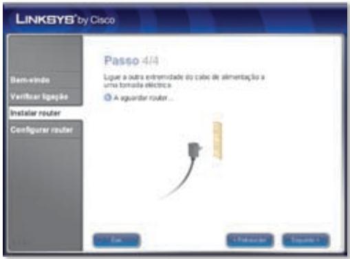 LINKSYS® by Cisco Bem-vindo Verivar ligepe Instalar router Configurar router Passo 4/4 Ligue a outra extremidade do cabe de alimentação a uma tomada eléctrica A aguardar router... + - Use + Pulsuras + Esquinta
