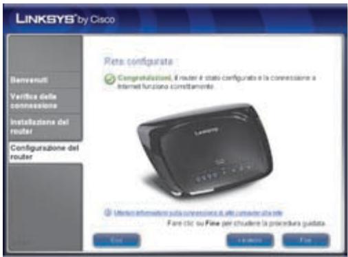 LINKSYS® by Cisco Benvenuti Veriflex delle connessione Installazione del router Configurazione del router Renta configurata Congratulations, il router è stato configurata e la connessione a Internet funzione correttamente. Language Uterien informazioni sulla connessione al info considera alta site Fare ctc su Fine per studere la procedura guidata End Create Find