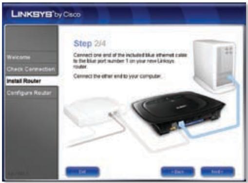 LINKSYS® by Cisco Welcome Check Connection Install Router Configure Router Step 2/4 Connect one end of the included blue ethernet cache to the blue port number 1 on your new Linksys router. Connect the other end to your computer.