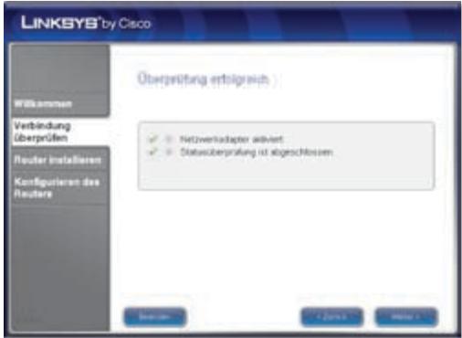 LINKSYS® by Cisco Überprüfung erfolgreich Wittkommen Verbindung Überprüfen Router installieren Konfigurieren des Reuters Netoverkadapter aktiviert Statusüberprüfung ist abgeschlossen