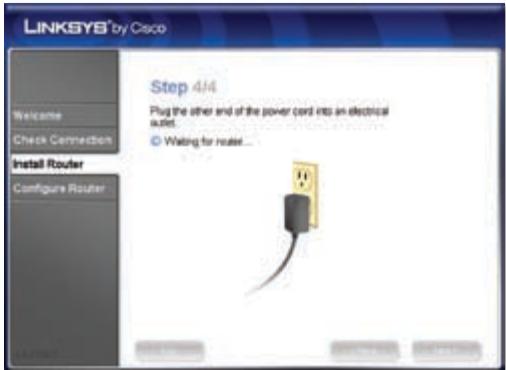 LINKSYS® by Cisco Welcome Check Connection Install Router Configure Router Step 4/4 Plug the other end of the power card into an electrical outlet. © Waiting for router...