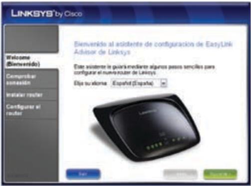 LINKSYS by Cisco Welcome (Bienvenido) Comprobar sotestión Instalar router Configurar al router Bienvenido al asistente de configuración de EasyLink Advisor de Linksys Este asistente le guirá mediante algunos pesos senciles para configurar el nuevo router de Linksys. Elje suclorne Spainat (España)