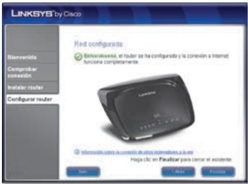 LINKSYS® by Cisco Red configuradora Enbiterabasca, el router se ha configurada y la conexión a Internet funciona completamente. Lanmina Haja clic en Peralizar para cerrar el asistente Sap C Mio Frontera
