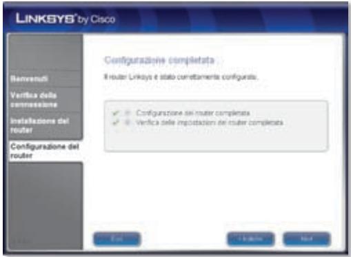 LINKSYS® by Cisco Benvenuti Verifica delle commissione Instalazione del router Configurazione del router Configurazione completata Router Linksys è stato corretamente completata. ✓ Configurazione dei router completata ✓ Verifica delle importazioni dei router completata Edit Edit View Help