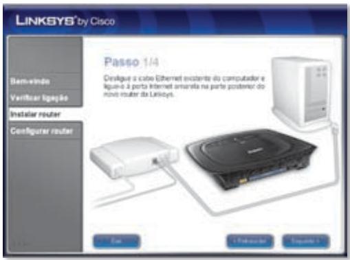 LINKSYS® by Cisco Passo 1/4 Cólnique o cube Ethernet existente do computador e liguo-o à porta Internet ananalla na parte postenter do novo router da Linksys. Sem-vindo Verificar ligeçãe Instalar router Configurar router - Cam + Protocoler Enuguês