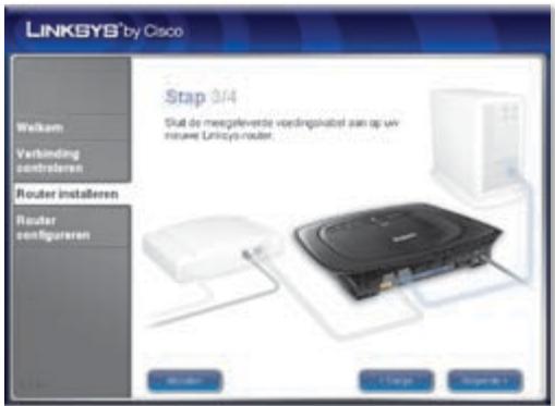 LINKSYSB® by Cisco Stap 3/4 Slut de meegleverde voedingslabel aan op uw mouwe Linksys-router Welkom Verkinding zontrolaren Router installeren Router configuraren Status Change Helpside