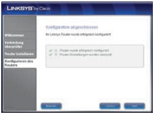 LINKSYS by Cisco Konfiguration abgeschlossen In Linksys Router wurde erfolgreich konfiguriert! ✓ Router wurde erfolgreich konfiguriert. ✓ Router-Einklungen wurden überpaßt. Bezieh... C Zins Hast