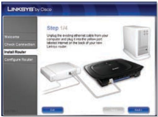 LINKSYS® by Cisco Welcome Check Connection Install Router Configure Router Step 1/4 Unplug the existing ethernet cable from your computer and plug it into the yellow port labeled Internet on the back of your new Linksys router Edit Back