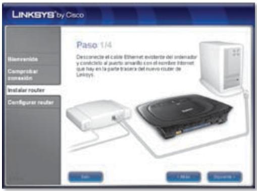LINKSYS® by Cisco Pasco 1/4 Desconecte el cable Ethernet evidente del ordenador y conelicto al puerto amarillo con el-enrollir Internet que hay en la parte traslere del nuevo router de Linksys. Configurer router Sim - Alto Siguante