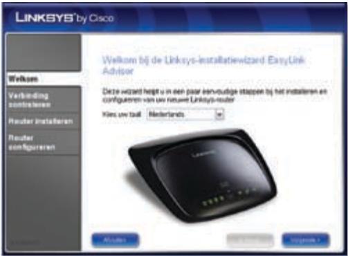LINKSYS by Cisco Welkom bij de Linksys-installatiewizard EasyLink Advisor Dele wizard heeft u in een paar intervoudige stappen bij het installeren en configuerten van uw netuw Linksys-router Kies uw ball Nederlands Linksys Altus Nederlands Vigdamer