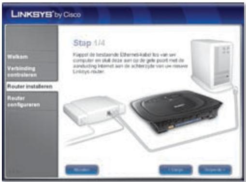 LINKSYS® by Cisco Walken Verbinding controleren Router installeren Router configureren Stap 1/4 Kiaipoi de testaande Ethernet-kabel los van uw computer en skull deze aan op de gelte port met de anluding Internet aan de achtertype van uw reasve Linksys router. Monitor Change Upgrade