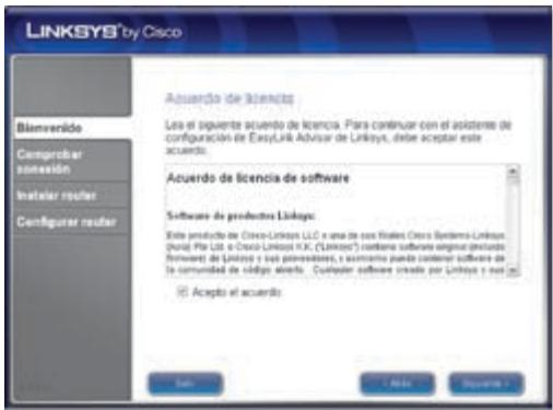 LINKSYS by Cisco Acuerdo de licencia Les el siguiente acuerdo de licencia. Para continuar con el asistente de configuración de EasyLink Advisor de Linksys, debe aceptar este acuerdo. Acuerdo de licencia de software Software de productos Linksys: Este producto de Cisco-Linksys LLC o una de sus finales Cisco Sisterno Linksys (gural Pte Ltd. e Cisco-Linksys K.K. ("Linksys") contiene software original (incluye Fortavet de Linksys y sus proveedores), y escorrero pendant aplicar software de la comunidad de código Harbor. Cuopter software creado por Linksys y sus Accepto el acuerdo: Soto File Sequenta