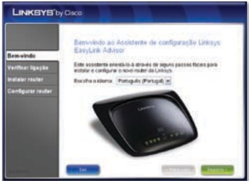 LINKSYS by Cisco Bem-vindo ao Assistente de configuração Linksys EasyLink Advisor Este assistente orientá-lo à atroves de seguintes passos facoes para estatal e configurar o novo router da Linksys. Bucinha a idema: Português (Portugal) m OK Cancel