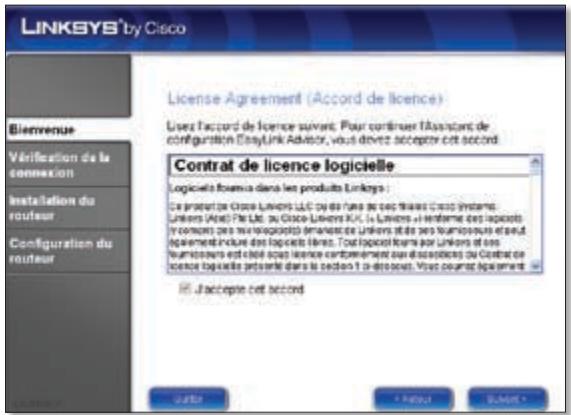 LINKSYS by Cisco License Agreement (Accord de licence) Uses l'accord de licence suivant. Pour continuer l'Assistant de configuration EasyLink Advisor, vous devote accepter cet second. Contrat de licence logicielle Logicielle forvenue dans les produits Linksys : Le produit de Cisco L-univers LLC ou de l'une de ses traces Cisco-l'univers (Arai) Pte Ltd. au Cisco-L-univers K.V. la Université en formation des logiciels in composite par multi-logiciels demandes de Universités de ses fournisseurs et plus département incluant des logiciels libres. Tout logiciels fouries par L-univers et ses numisoueurs et c'est sous licence conformément aux déplacements du Contrat de licence logicielle peutant dans le section 1 de Slovenia. Vous pour se également Jméchère cet second