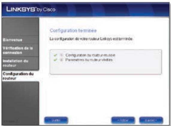 LINKSYS®by Cisco Configuration terminée La configuration de votre routeur Linksys est terminée. ✓ Computation du routeur réduire ✓ Paramètres du routeur vérifier.