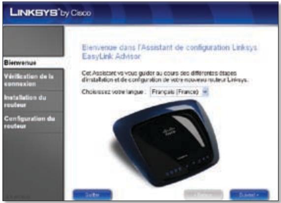LINKSYS® by Cisco Bienvenue dans l'Assistant de configuration Linksys EasyLink Advisor Cet Assistant vs vous guider au cours des différentes étapes d'installation et de configuration de votre nouveau ruteur Linksys. Choissez votre langue : Français (France) Suisse Installations Suisse